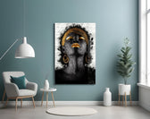 African Woman Portrait glass wall art styled above a bed in a bold-palette bedroom