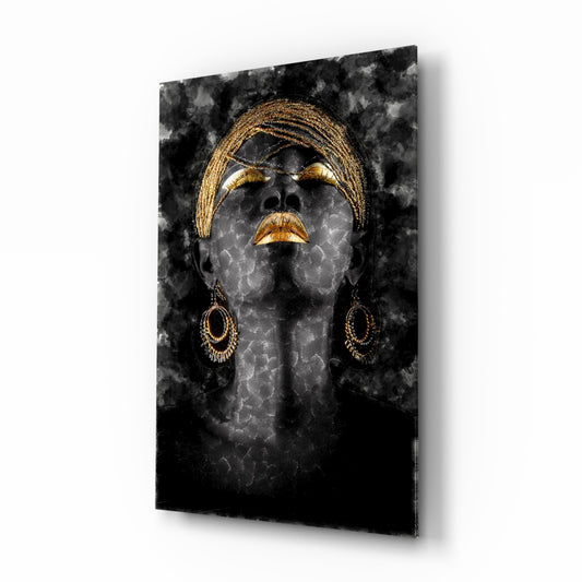 African Woman Portrait glass wall art displayed above a console in a designer interior