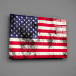 Distressed American flag panel bringing patriotic statement to a contemporary living space