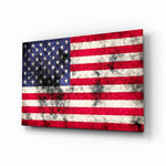 Flag of the United States glass wall art displayed above a console in a designer interior