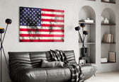 Flag of the United States glass wall art styled in an office with leadership presence