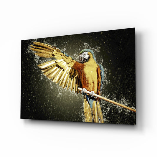 Parrot glass wall art displayed above a console in a designer interior