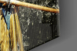 Parrot artwork anchoring a naturalist-themed wall in warm palette