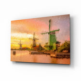 Windmills glass wall art displayed above a console in a designer interior