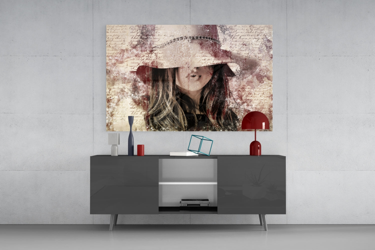 Girl in Retro Hat Glass Wall Art.