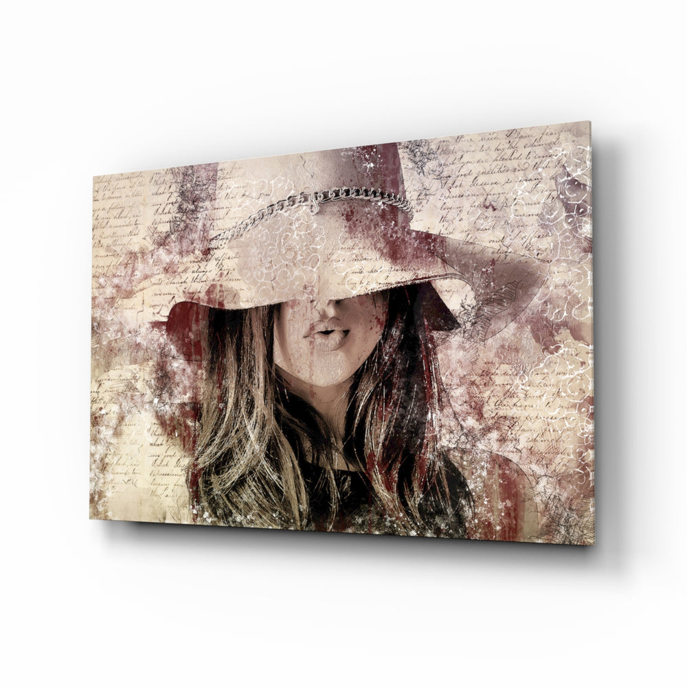 Girl in Retro Hat glass wall art displayed above a console in a designer interior