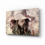 Girl in Retro Hat glass wall art displayed above a console in a designer interior