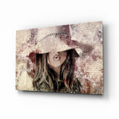 Girl in Retro Hat glass wall art displayed above a console in a designer interior