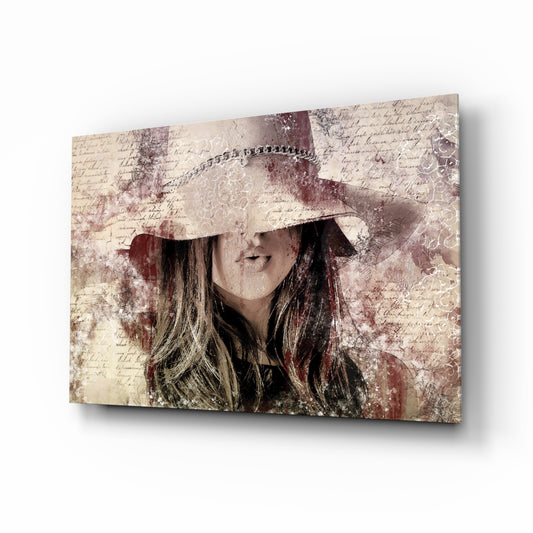 Girl in Retro Hat glass wall art displayed above a console in a designer interior