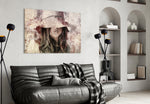 Girl in Retro Hat glass wall art styled above a bed in a vintage-mood bedroom