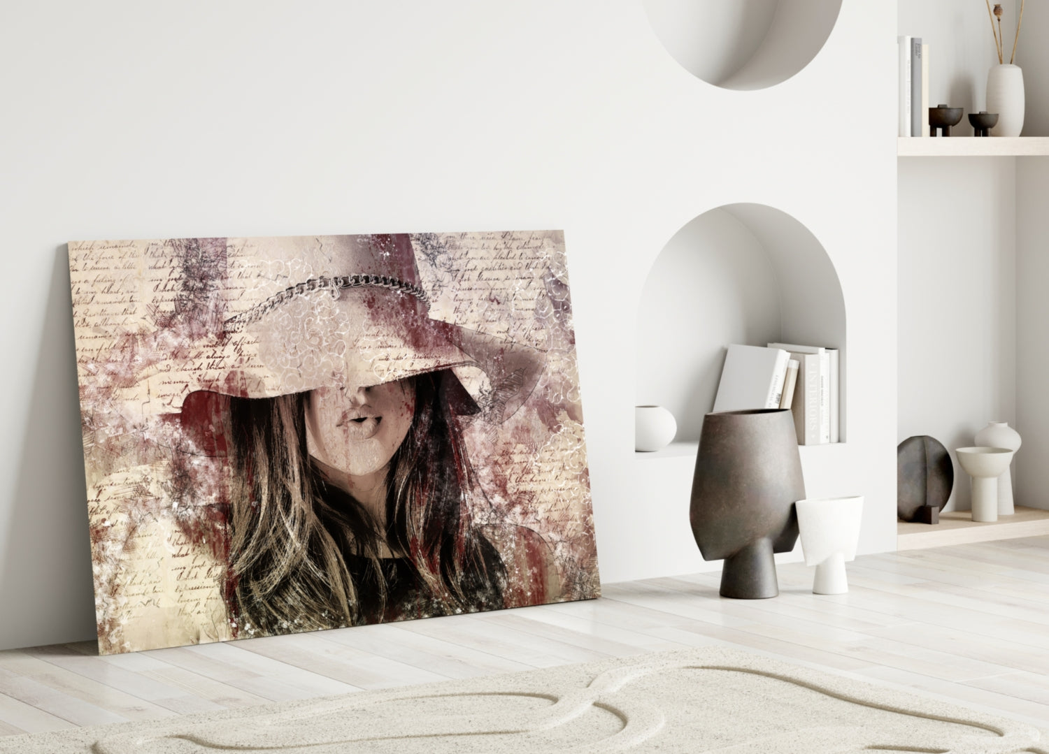 Girl in Retro Hat Glass Wall Art.