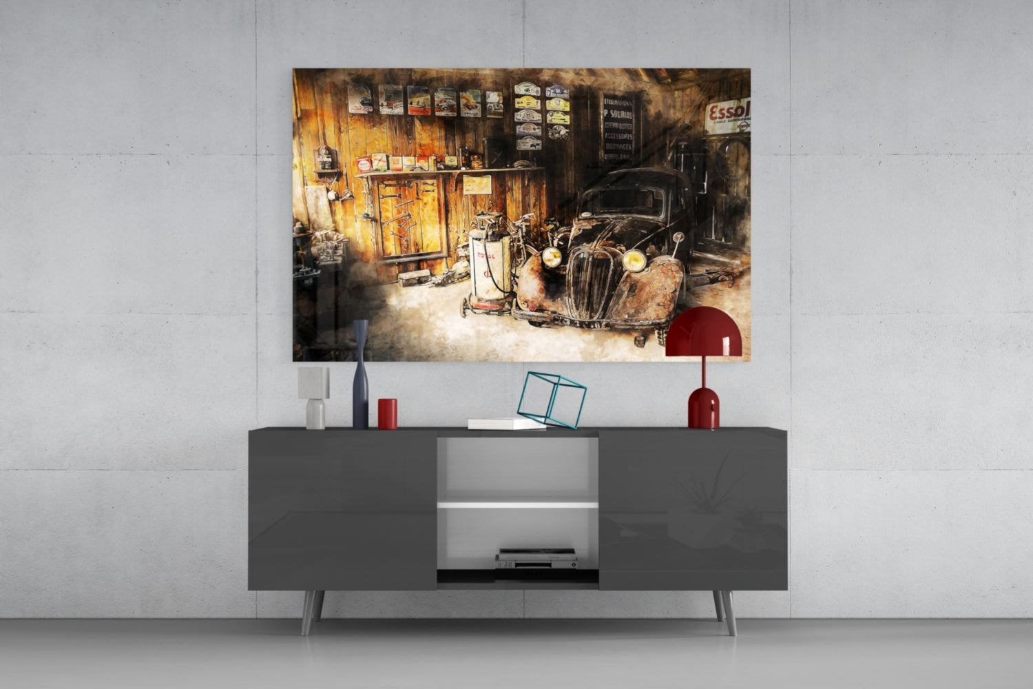 Retro Old Garage Glass Wall Art.