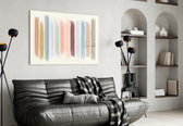 Colored Lines glass wall art styled above a bed in a serene bedroom