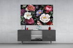 Floral panel catching low light to reveal its painterly bouquet