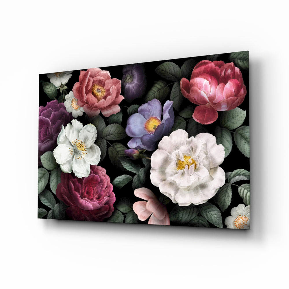 Floral glass wall art displayed above a console in a designer interior