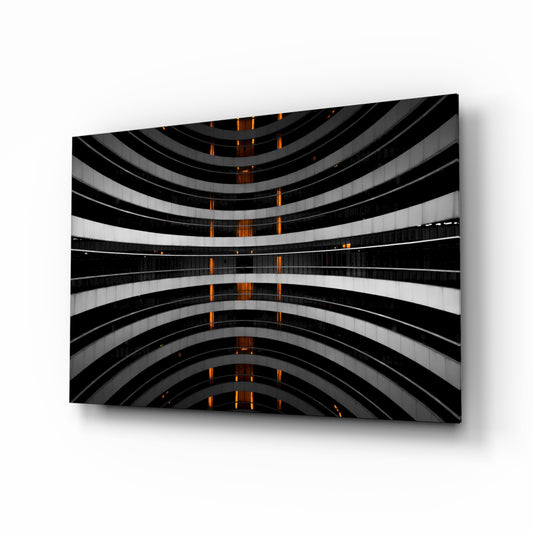 Interesting Architectural glass wall art displayed above a console in a designer interior