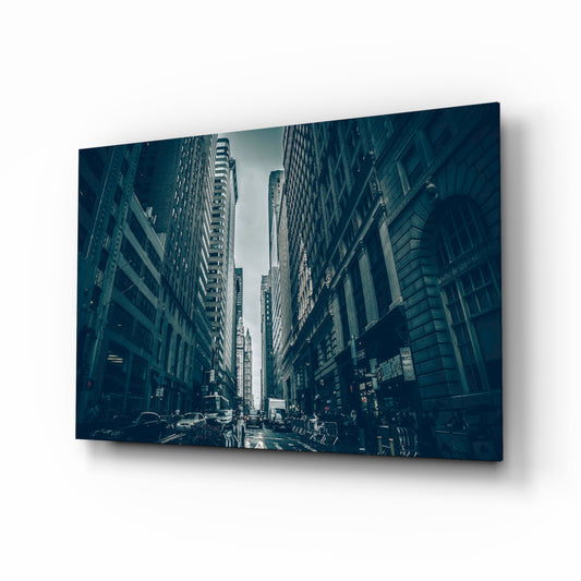 New York City glass wall art displayed above a console in a designer interior