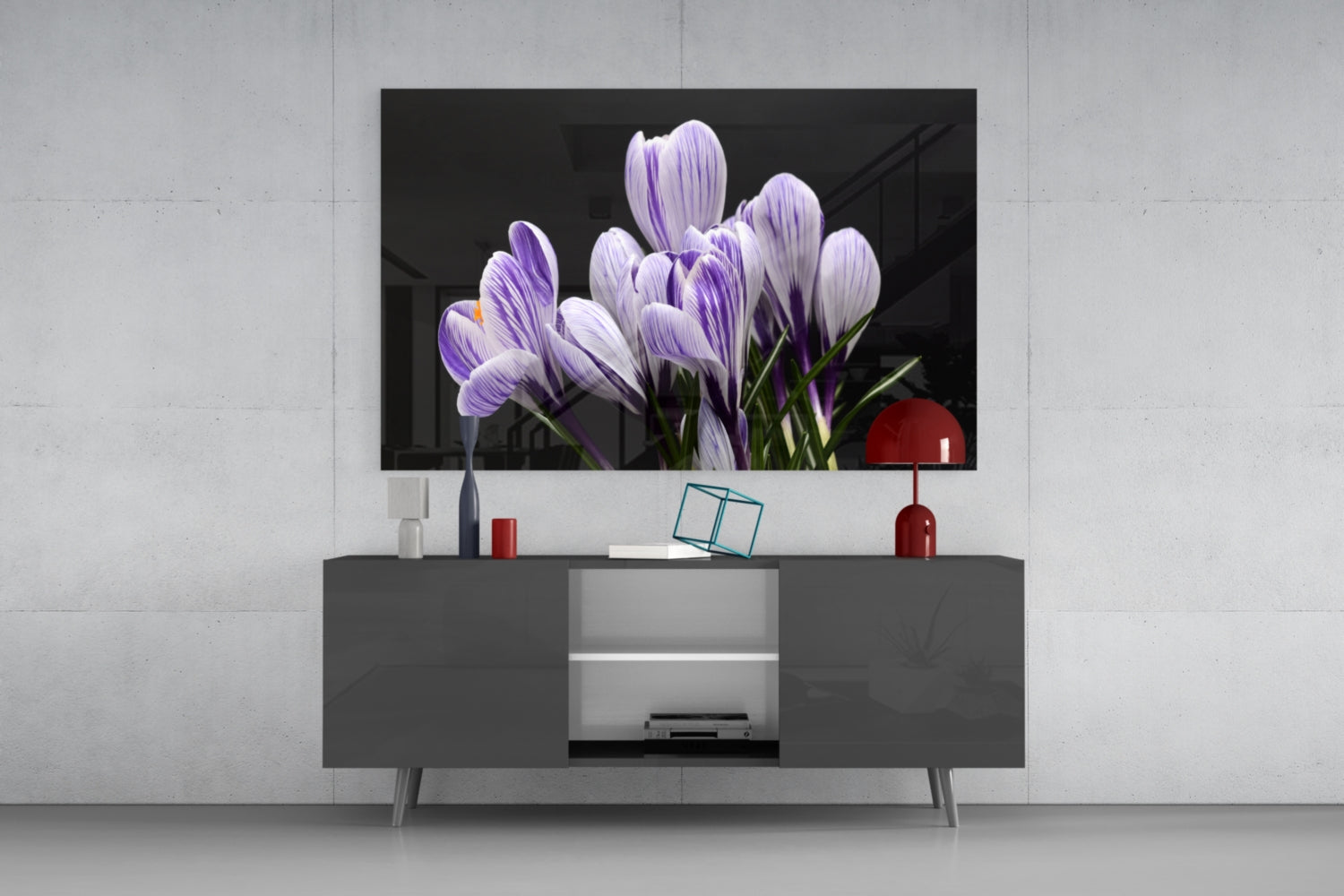 Purple Flowers Glass Wall Art.