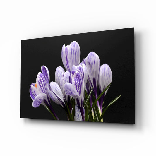 Purple Flowers glass wall art displayed above a console in a designer interior