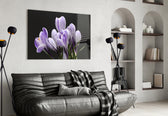 Purple Flowers glass wall art styled above a bed in an intimate bedroom
