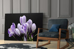 Purple Flowers glass print enhancing a hallway with quiet drama