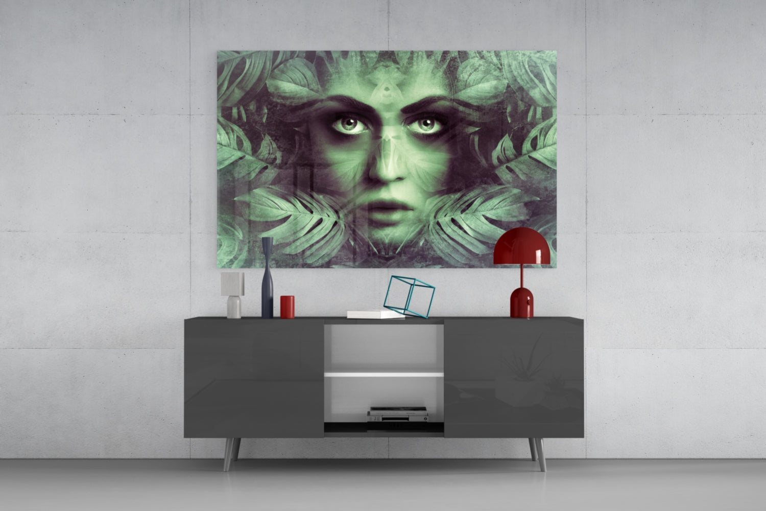 Tropical Leaf and Woman Portrait Glass Wall Art.