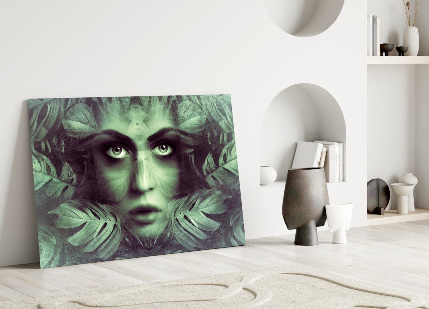 Tropical Leaf and Woman Portrait Glass Wall Art.