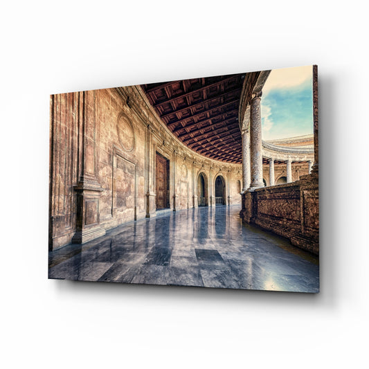 Baroque Building glass wall art displayed above a console in a designer interior