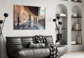 Baroque Building glass wall art styled above a desk in a travel-memory study