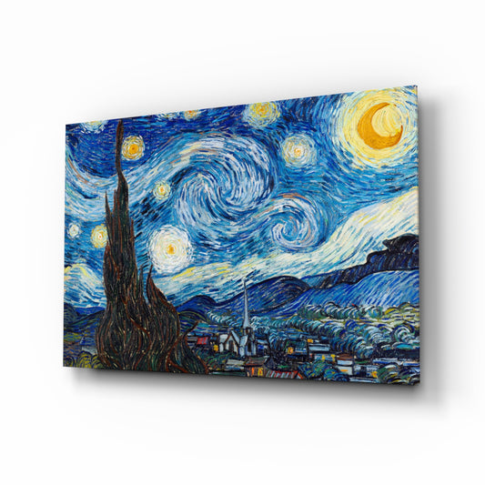 Van Gogh Starry Night glass wall art displayed above a console in a designer interior