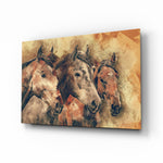 Horses glass wall art displayed above a console in a designer interior