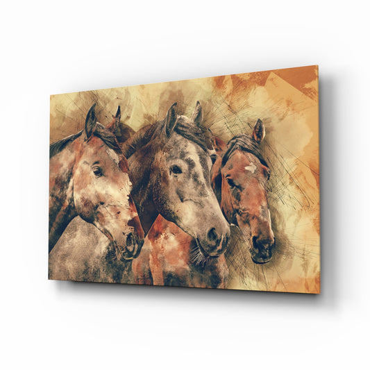 Horses glass wall art displayed above a console in a designer interior