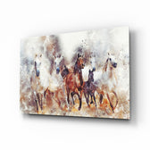 Running Horses glass wall art displayed above a console in a designer interior