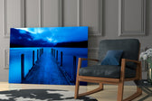 Dock glass print enhancing a hallway with vanishing-point quiet