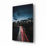 City Landscape glass wall art displayed above a console in a designer interior