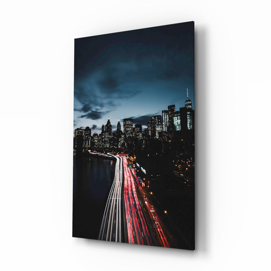 City Landscape glass wall art displayed above a console in a designer interior