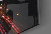 City Landscape artwork anchoring a hallway with after-dark energy