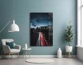 City Landscape glass wall art styled above a sofa in an urban-mood living room