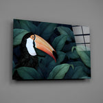 Tropical toucan panel bringing biophilic drama to a contemporary living space