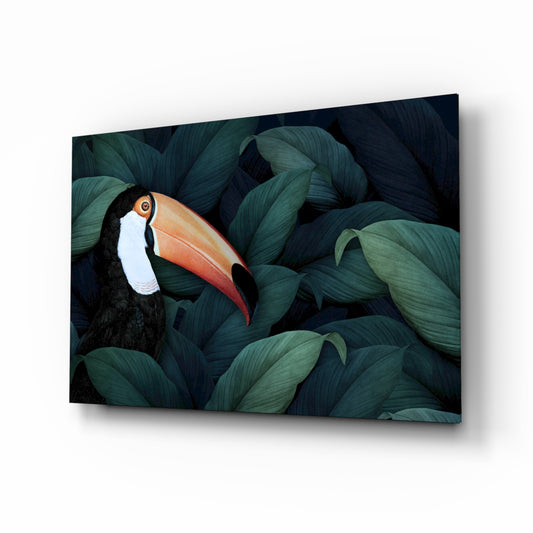 Toucan Parrot glass wall art displayed above a console in a designer interior