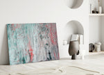 Close-up detail of mint, dove-gray and coral-pink impasto strokes