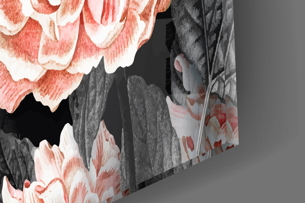 Flower artwork anchoring a romantic-themed wall in moody palette