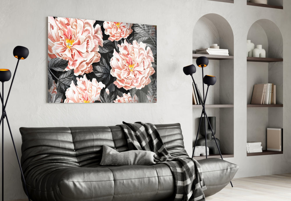 Flower glass wall art styled above a sideboard in a dining room