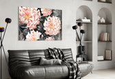 Flower glass wall art styled above a sideboard in a dining room