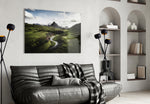 Green Valley glass wall art styled above a desk in an explorer-presence study