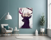 Deer glass wall art styled above a bed in a woodland bedroom