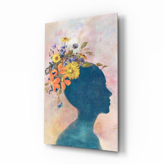 Woman Portrait glass wall art displayed above a console in a designer interior