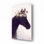 Horse glass wall art displayed above a console in a designer interior