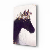 Horse glass wall art displayed above a console in a designer interior
