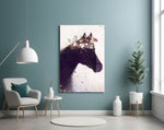 Horse glass wall art styled above a bed in a romantic-naturalist bedroom